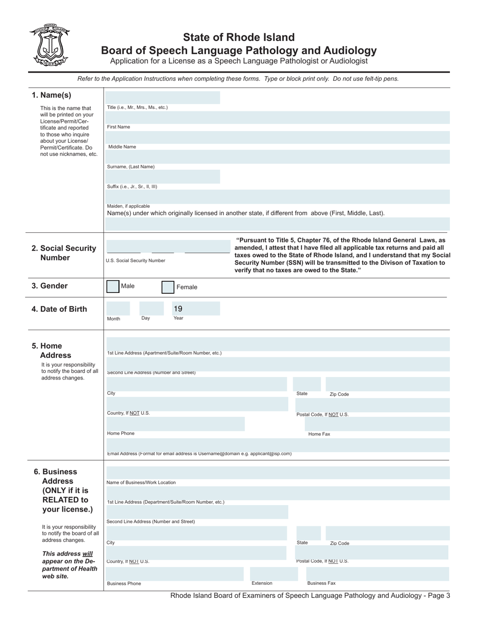 Application for License as an Audiologist / Speech Language Pathologist - Rhode Island, Page 3