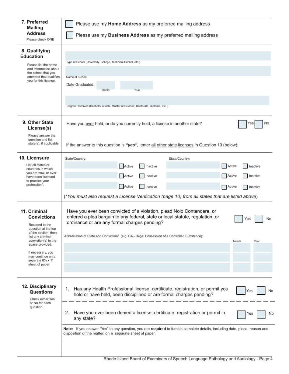 Application for License as an Audiologist / Speech Language Pathologist - Rhode Island, Page 4