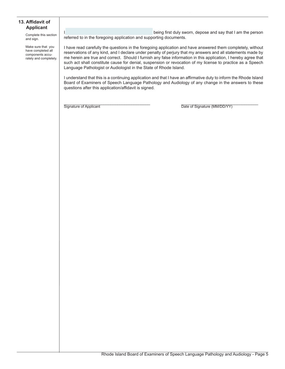 Application for License as an Audiologist / Speech Language Pathologist - Rhode Island, Page 5