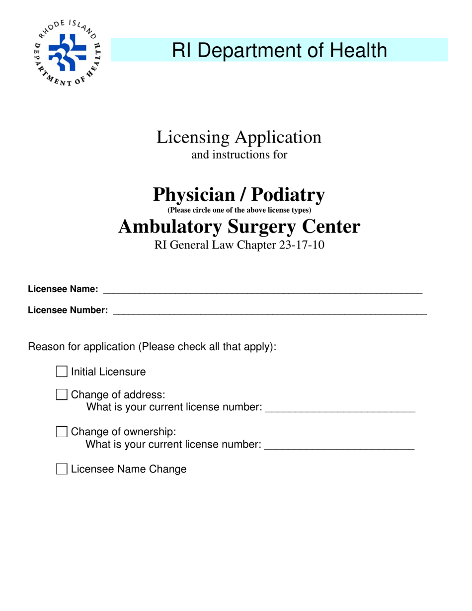 Licensing Application for Ambulatory Surgery Center Physician or Podiatry - Rhode Island, Page 1