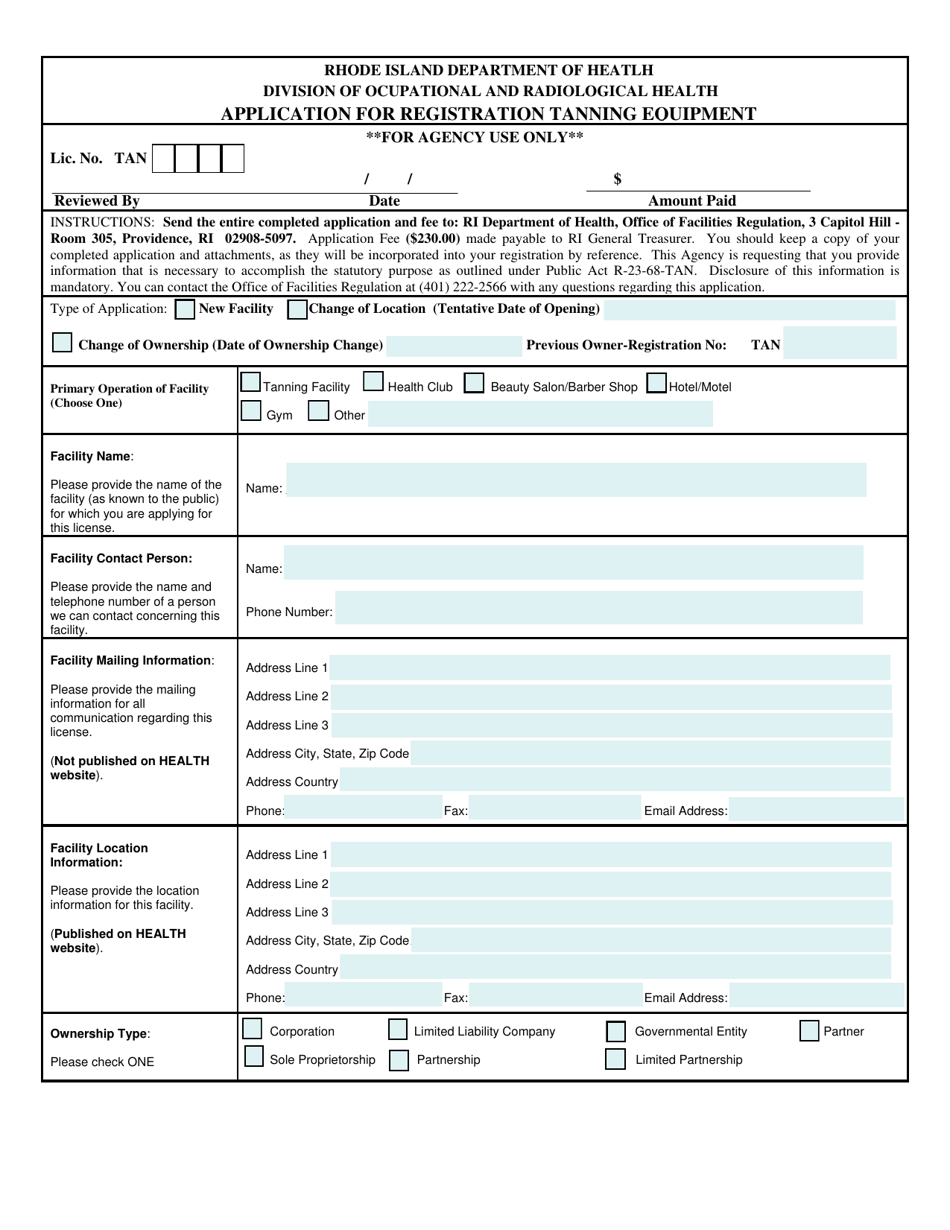 Form TAN Application for Registration Tanning Equipment - Rhode Island, Page 1