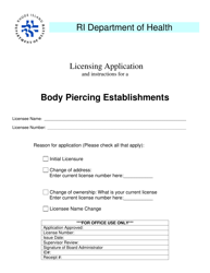 Document preview: Licensing Application for a Body Piercing Establishments - Rhode Island