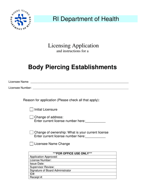 Licensing Application for a Body Piercing Establishments - Rhode Island Download Pdf