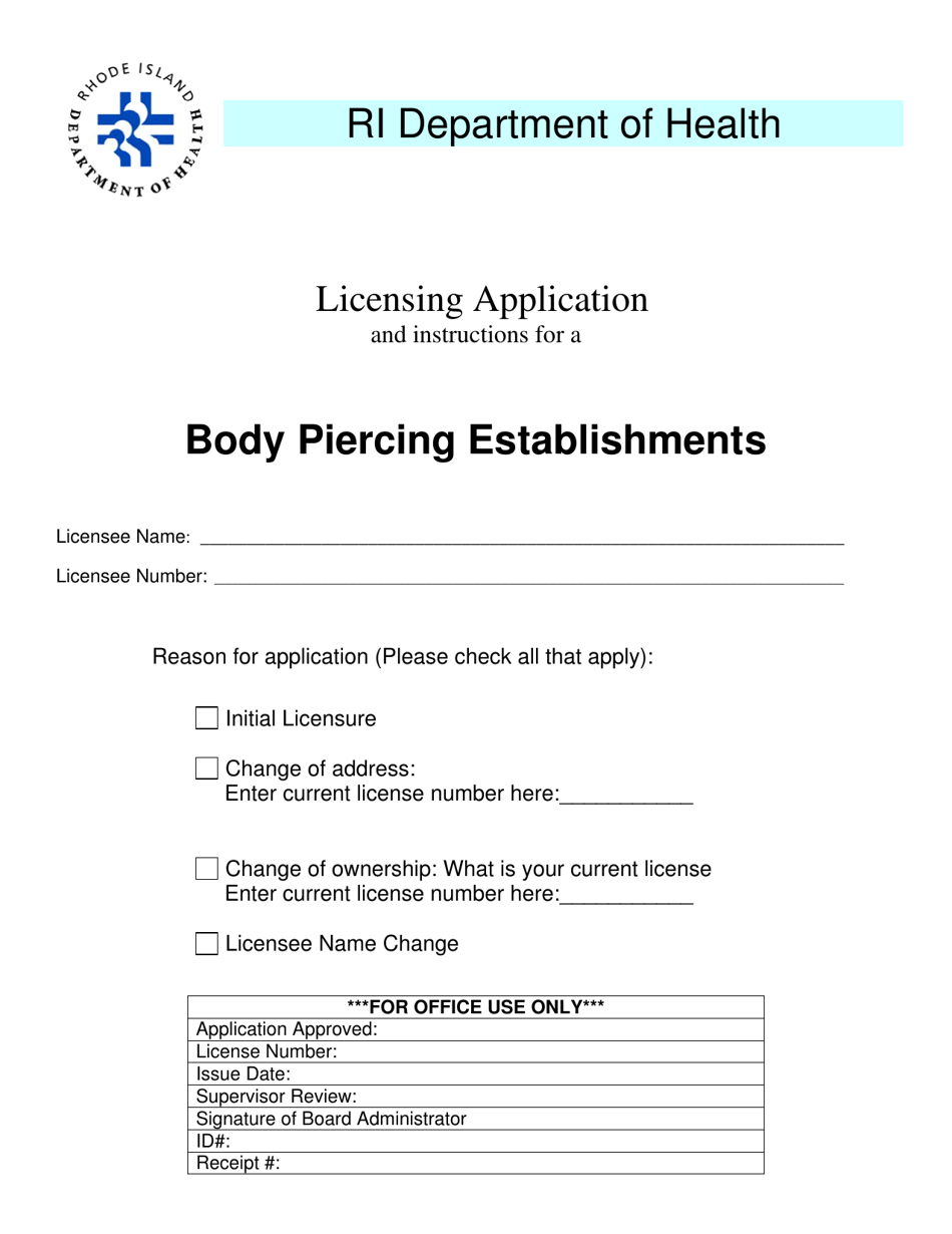 Rhode Island Licensing Application for a Body Piercing Establishments