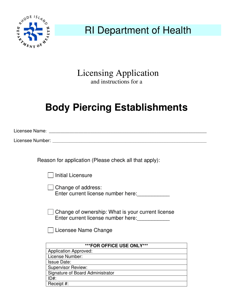 Licensing Application for a Body Piercing Establishments - Rhode Island, Page 1