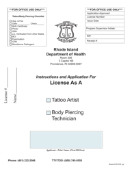Document preview: Application for License as a Tattoo Artist/Body Piercing Technician - Rhode Island