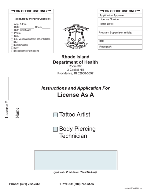 Application for License as a Tattoo Artist / Body Piercing Technician - Rhode Island Download Pdf