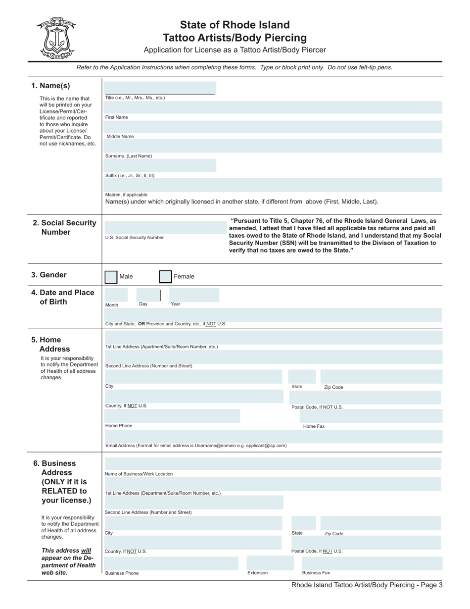 Rhode Island Application for License as a Tattoo Artist/Body Piercing