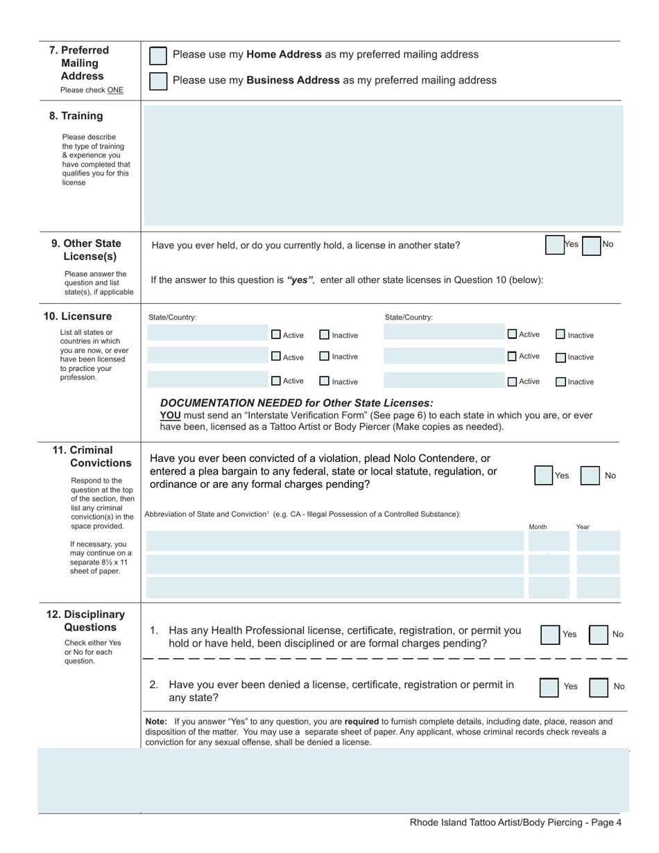 Rhode Island Application for License as a Tattoo Artist/Body Piercing
