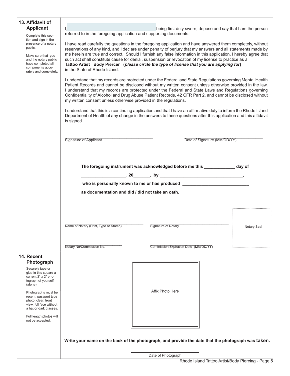 Rhode Island Application for License as a Tattoo Artist/Body Piercing
