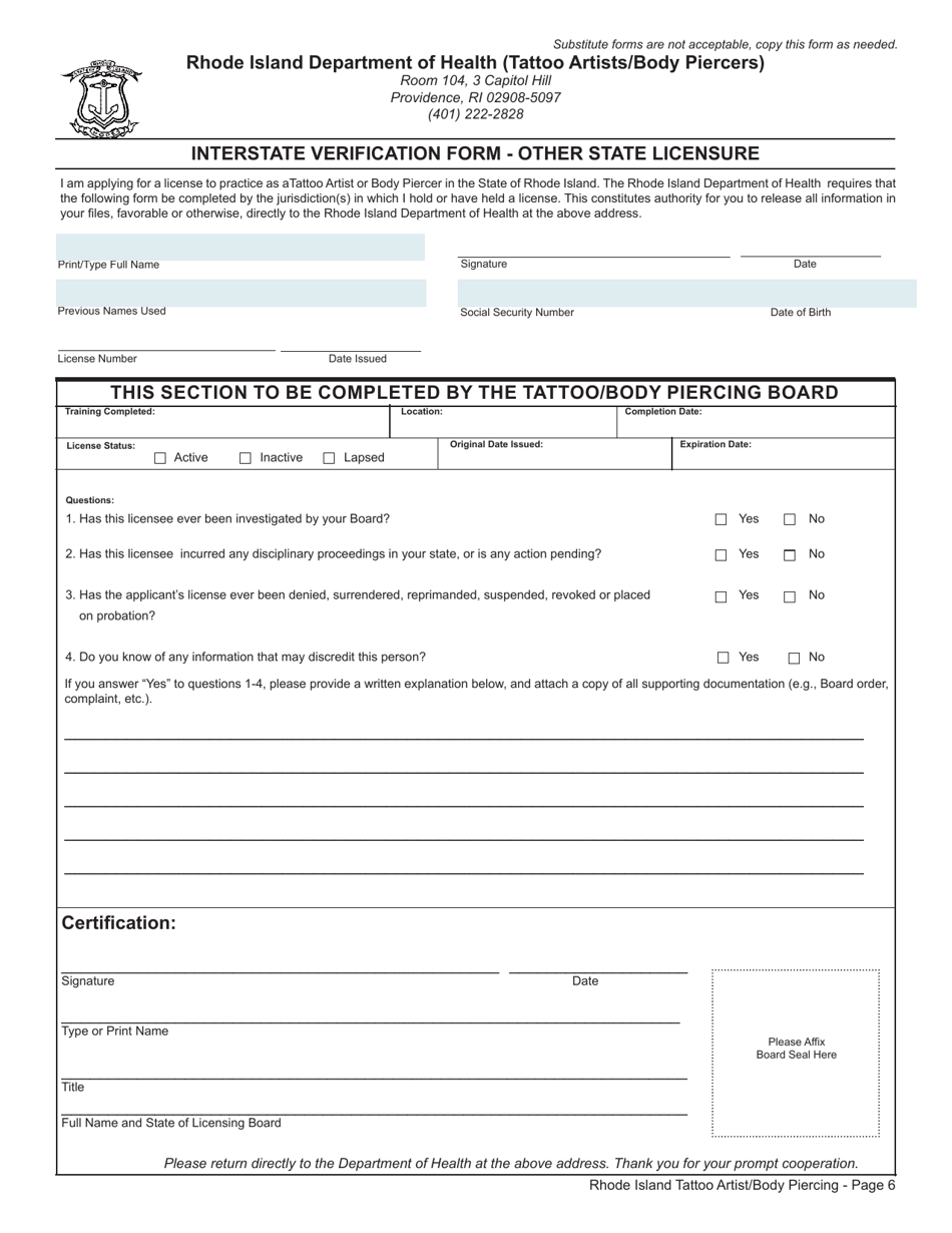 Application for License as a Tattoo Artist / Body Piercing Technician - Rhode Island, Page 6