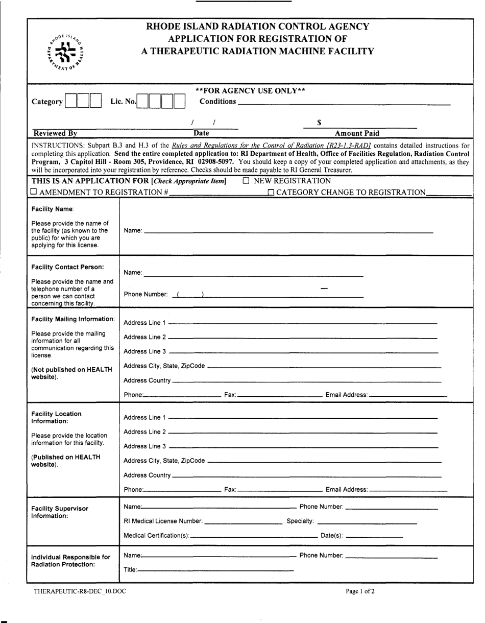 Application for Registration of a Therapeutic Radiation Machine Facility - Rhode Island, Page 1