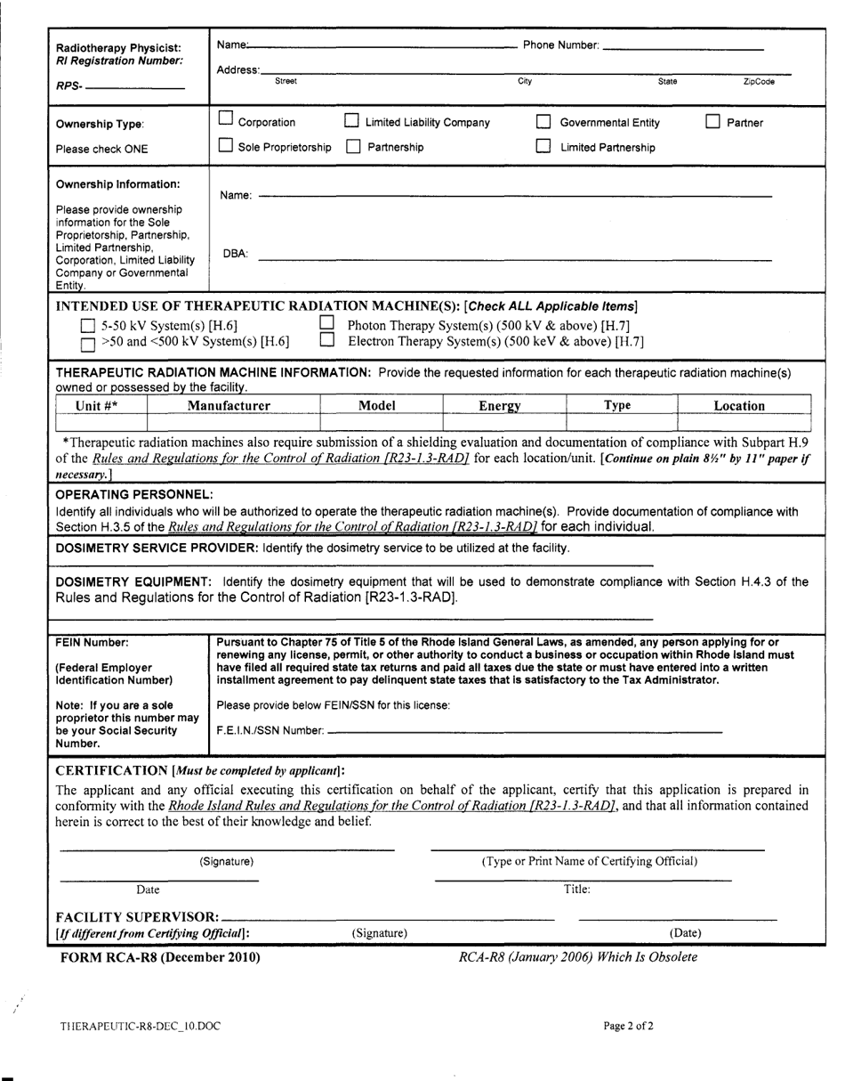 Application for Registration of a Therapeutic Radiation Machine Facility - Rhode Island, Page 2