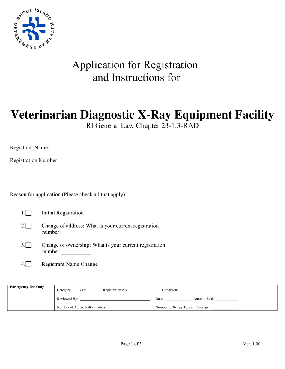 Application for Registration for Veterinarian Diagnostic X-Ray Equipment Facility - Rhode Island, Page 1
