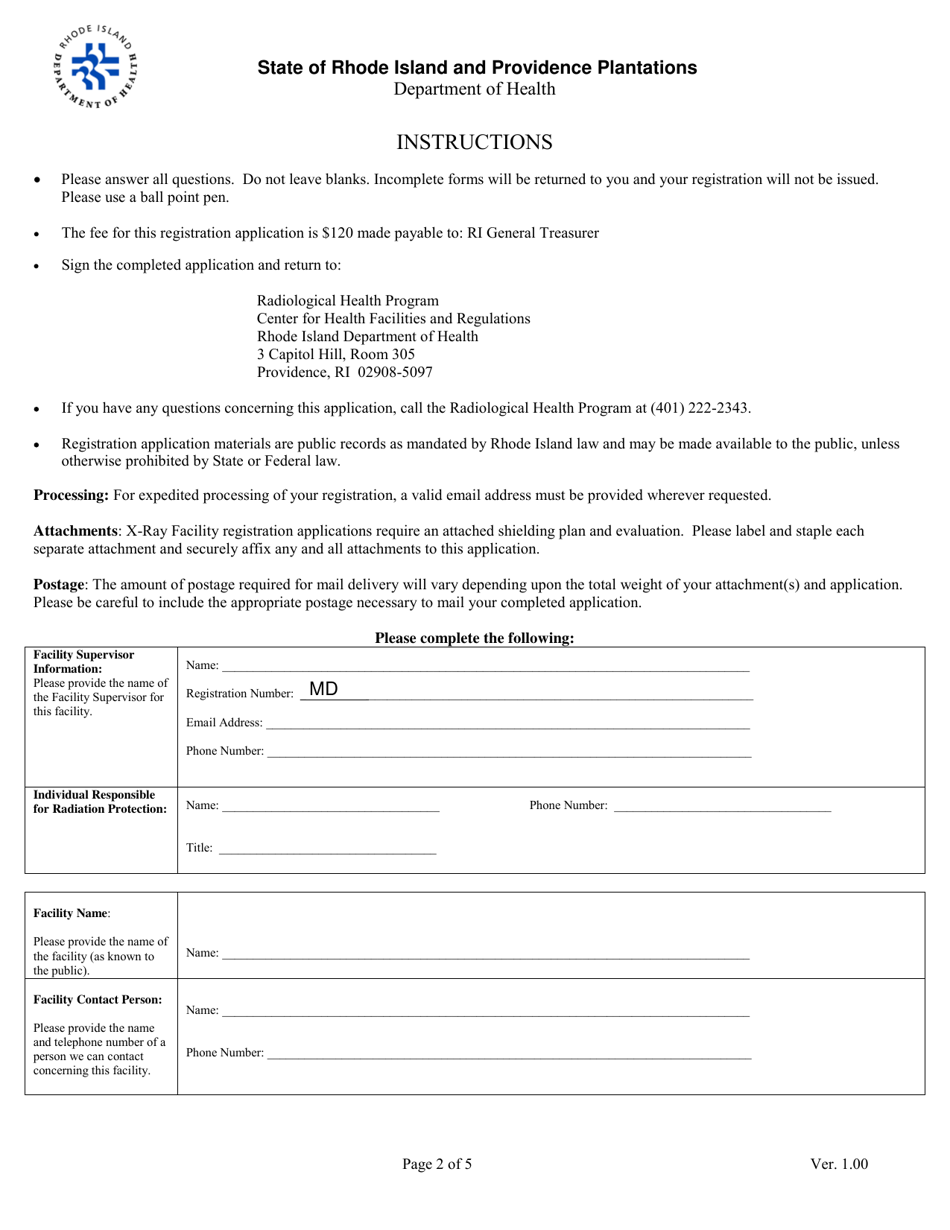 Application for Registration for Veterinarian Diagnostic X-Ray Equipment Facility - Rhode Island, Page 2