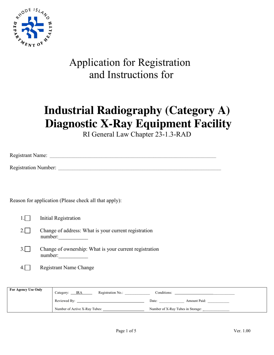Application for Registration for Industrial Radiography (Category a) Diagnostic X-Ray Equipment Facility - Rhode Island, Page 1