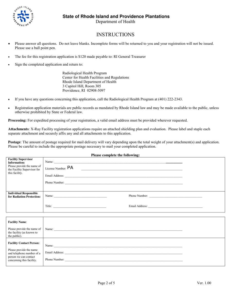 Application for Registration for Srf Diagnostic X-Ray Equipment Facility - Rhode Island, Page 2