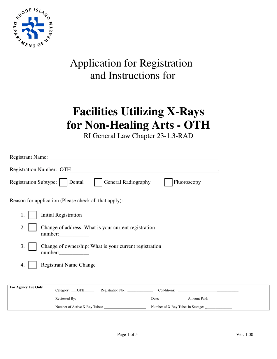 Application for Registration for Facilities Utilizing X-Rays for Non-healing Arts - Oth - Rhode Island, Page 1