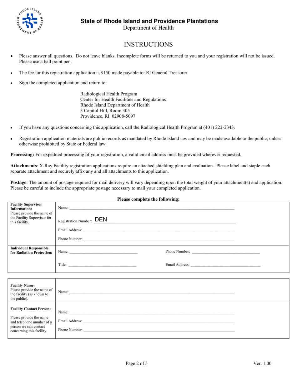 Application for Registration for Srm Diagnostic X-Ray Equipment Facility - Rhode Island, Page 2