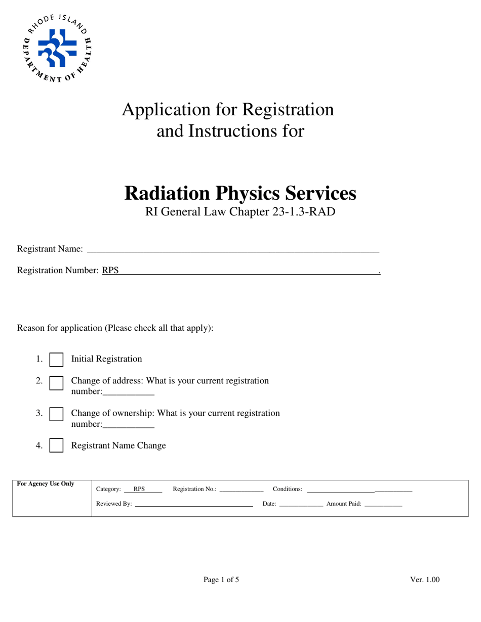 Application for Registration for Radiation Physics Services - Rhode Island, Page 1