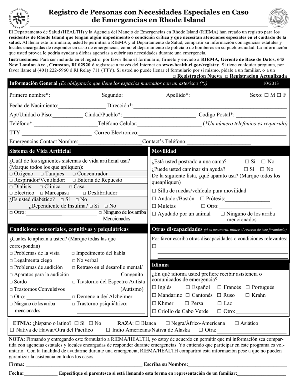 Registro De Personas Con Necesidades Especiales En Caso De Emergencias En Rhode Island - Rhode Island (Spanish), Page 1