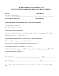 Document preview: Planificacion Familiar Titulo X Consentimiento Para Servicios De Anticonceptivos - Rhode Island (Spanish)