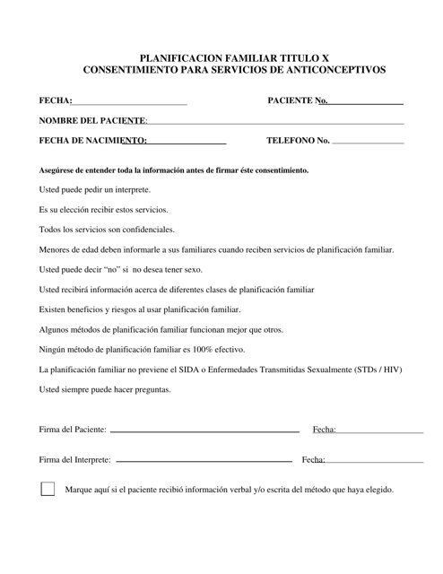 Planificacion Familiar Titulo X Consentimiento Para Servicios De Anticonceptivos - Rhode Island (Spanish) Download Pdf