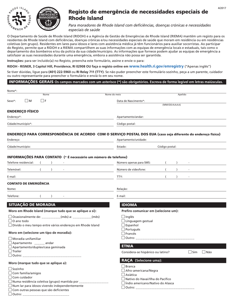 Registo De Emergencia De Necessidades Especiais De Rhode Island - Rhode Island (Spanish), Page 1