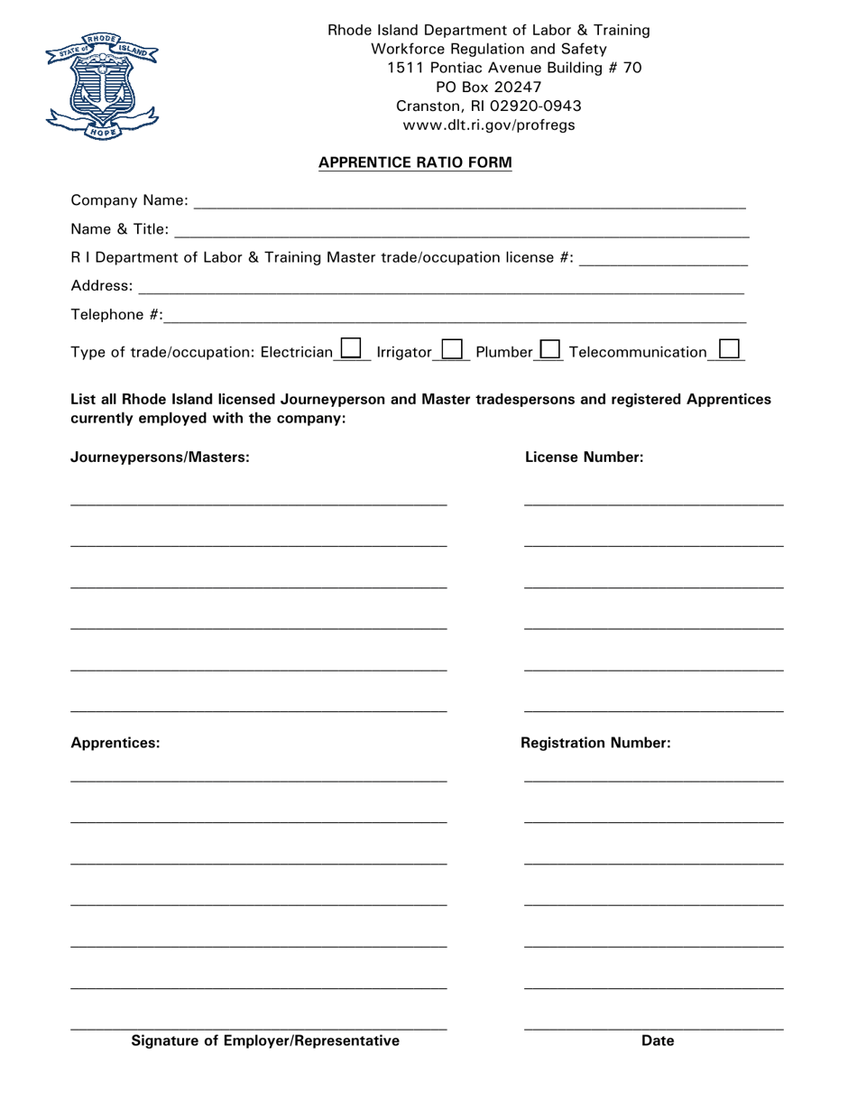 Rhode Island Apprentice Ratio Form Fill Out, Sign Online and Download