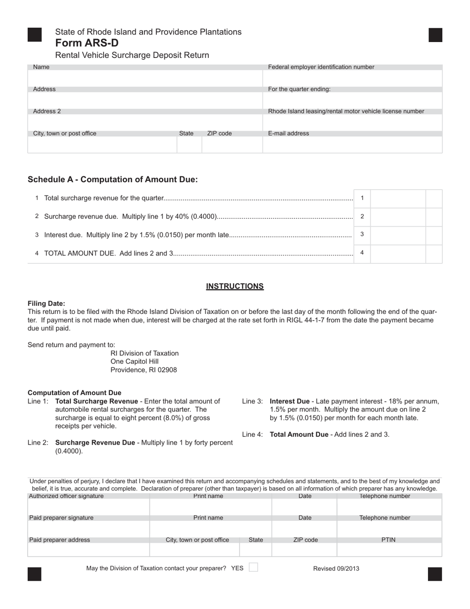 Form ARS-D - Fill Out, Sign Online and Download Fillable PDF, Rhode ...