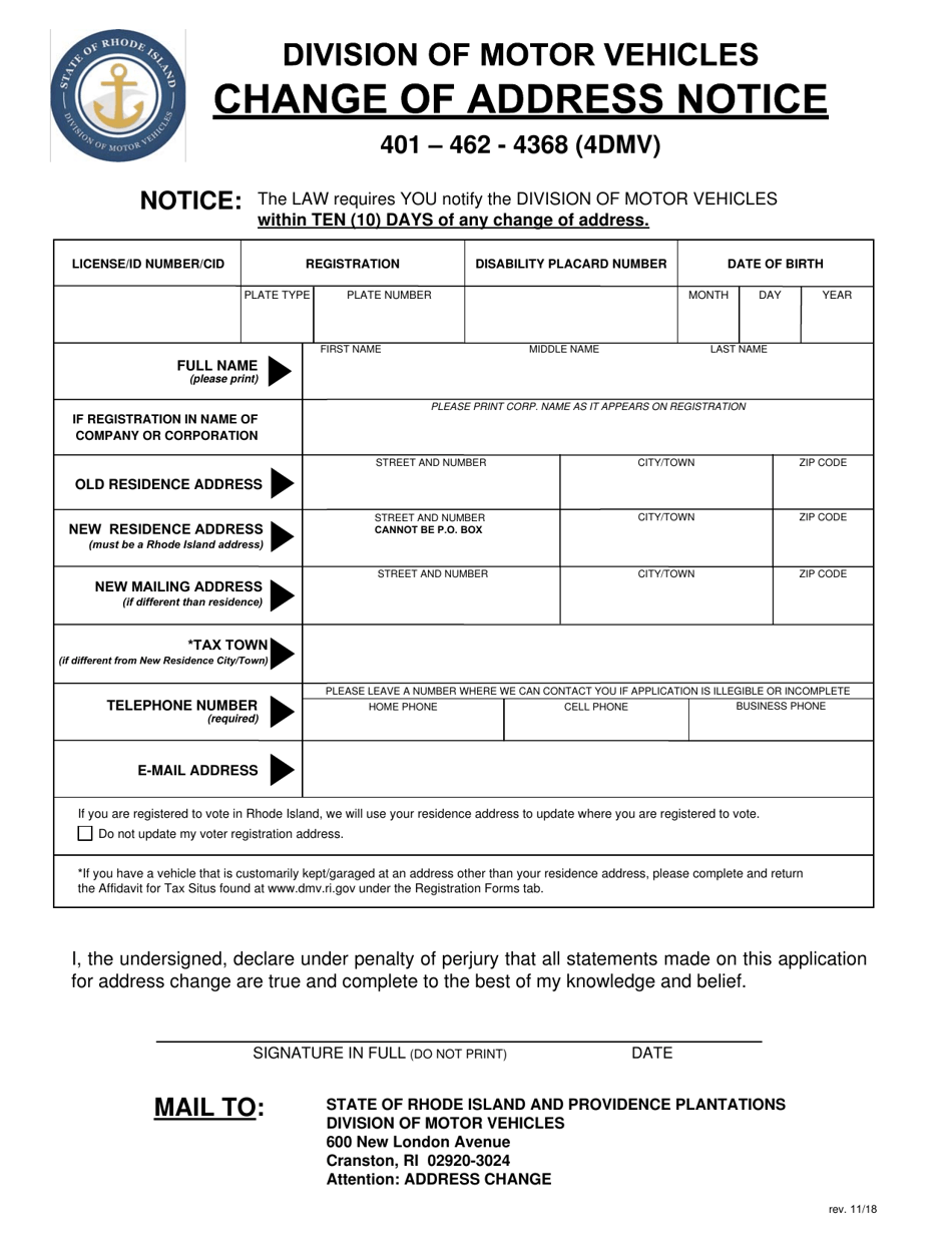 Rhode Island Change of Address Notice Fill Out, Sign Online and