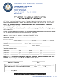 Document preview: Application for Medical Exemption From Maximum Window Tint Limits - Rhode Island