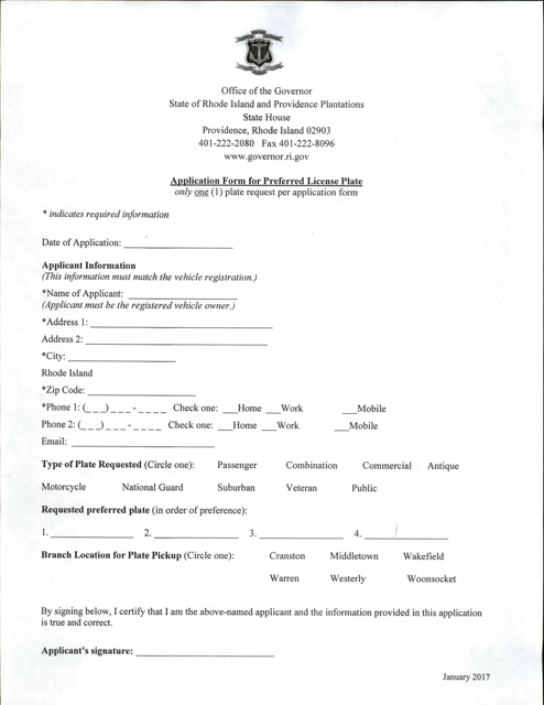 Application Form for Preferred License Plate - Rhode Island