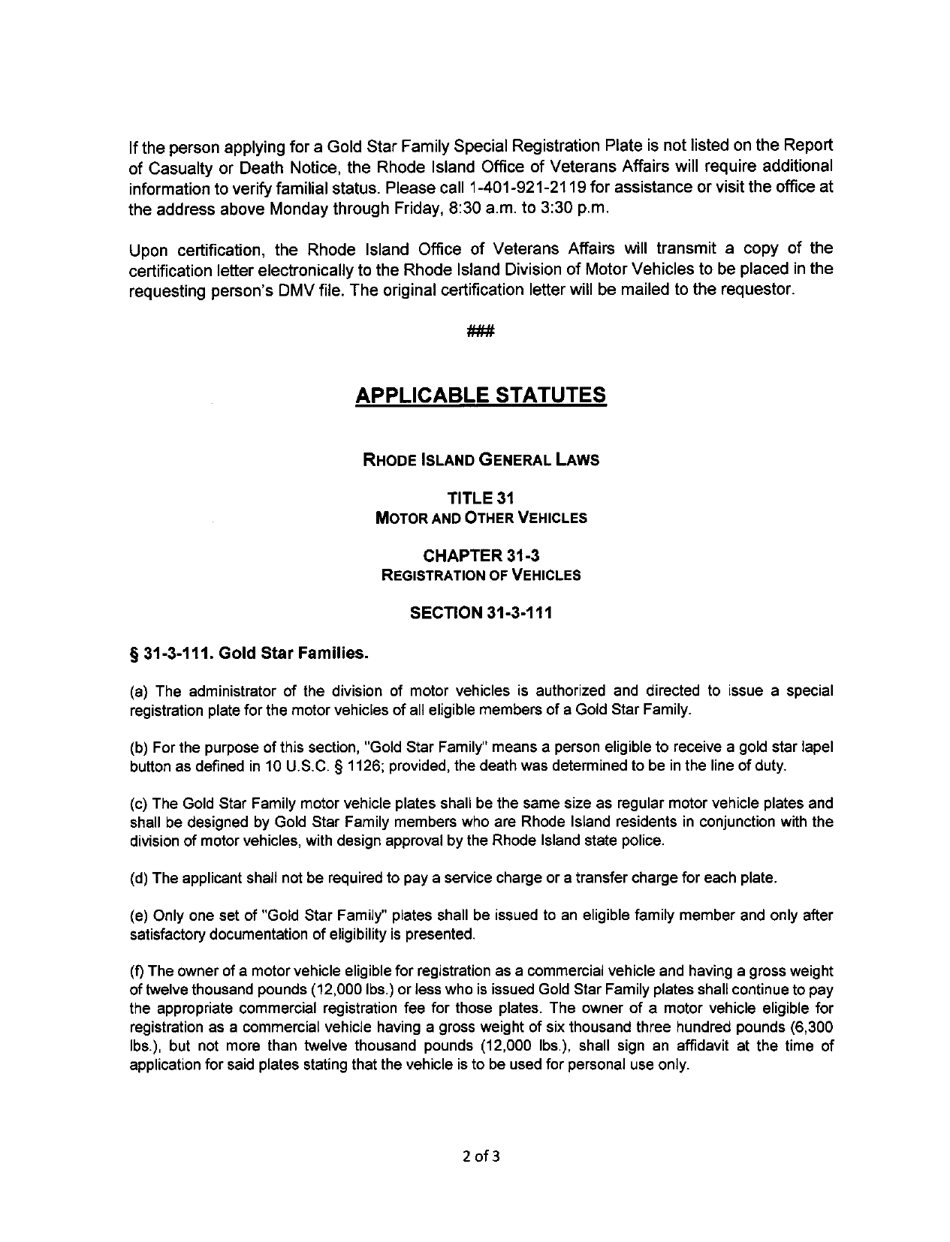 Gold Star Family Special Registration Plate Request for Certification Letter - Rhode Island, Page 2