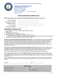 Document preview: Application for Farm Plates - Rhode Island