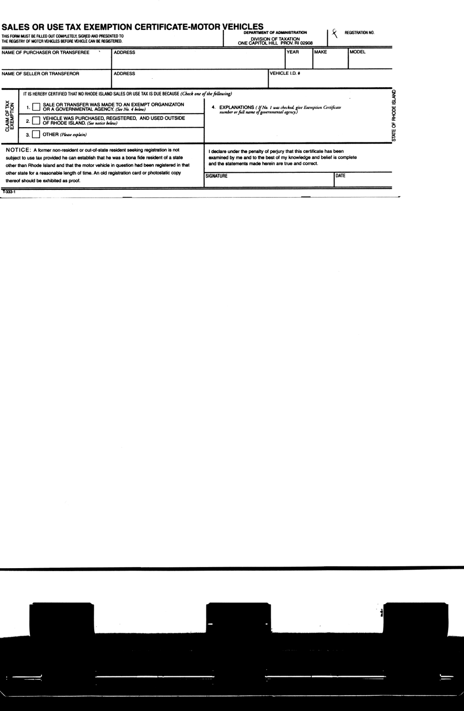 Form T-333-1 Sales or Use Tax Exemption Certificate - Rhode Island, Page 1