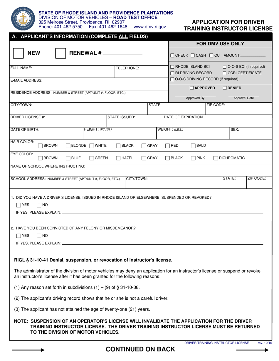 Application for Driver Training Instructor License - Rhode Island, Page 1