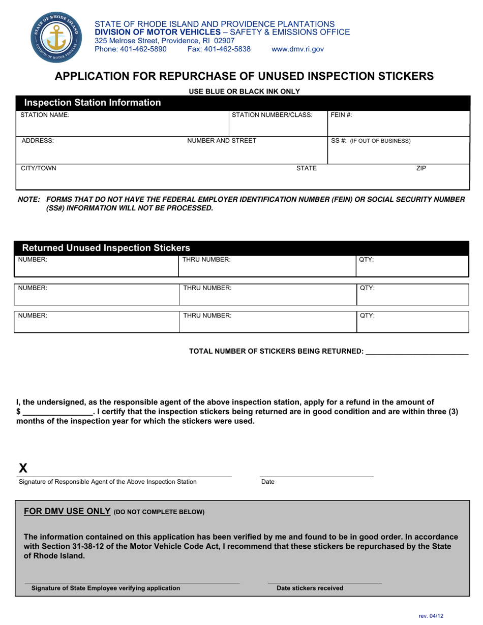 Application for Repurchase of Unused Inspection Stickers - Rhode Island, Page 1