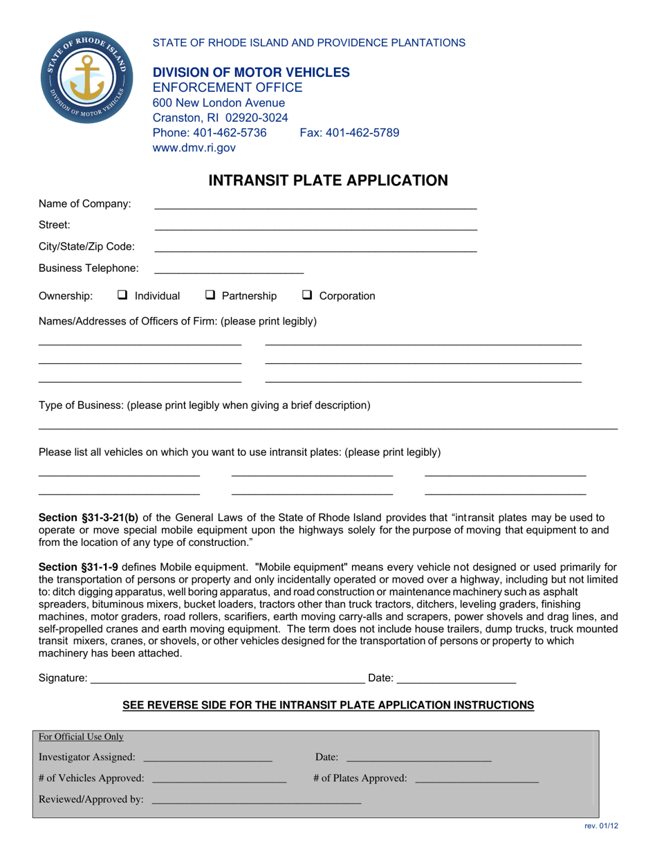 Intransit Plate Application Form - Rhode Island, Page 1