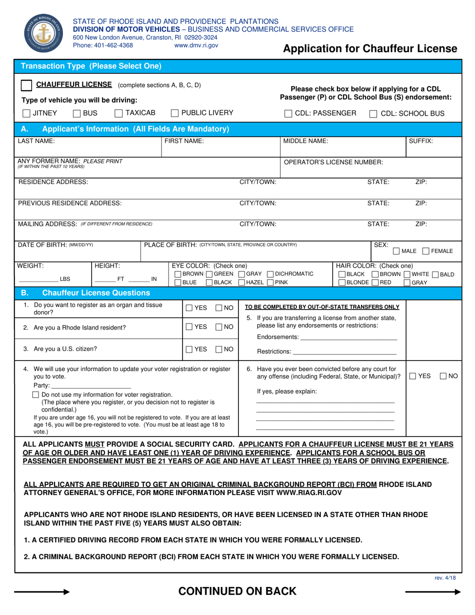 Application for Chauffeur License - Rhode Island, Page 1