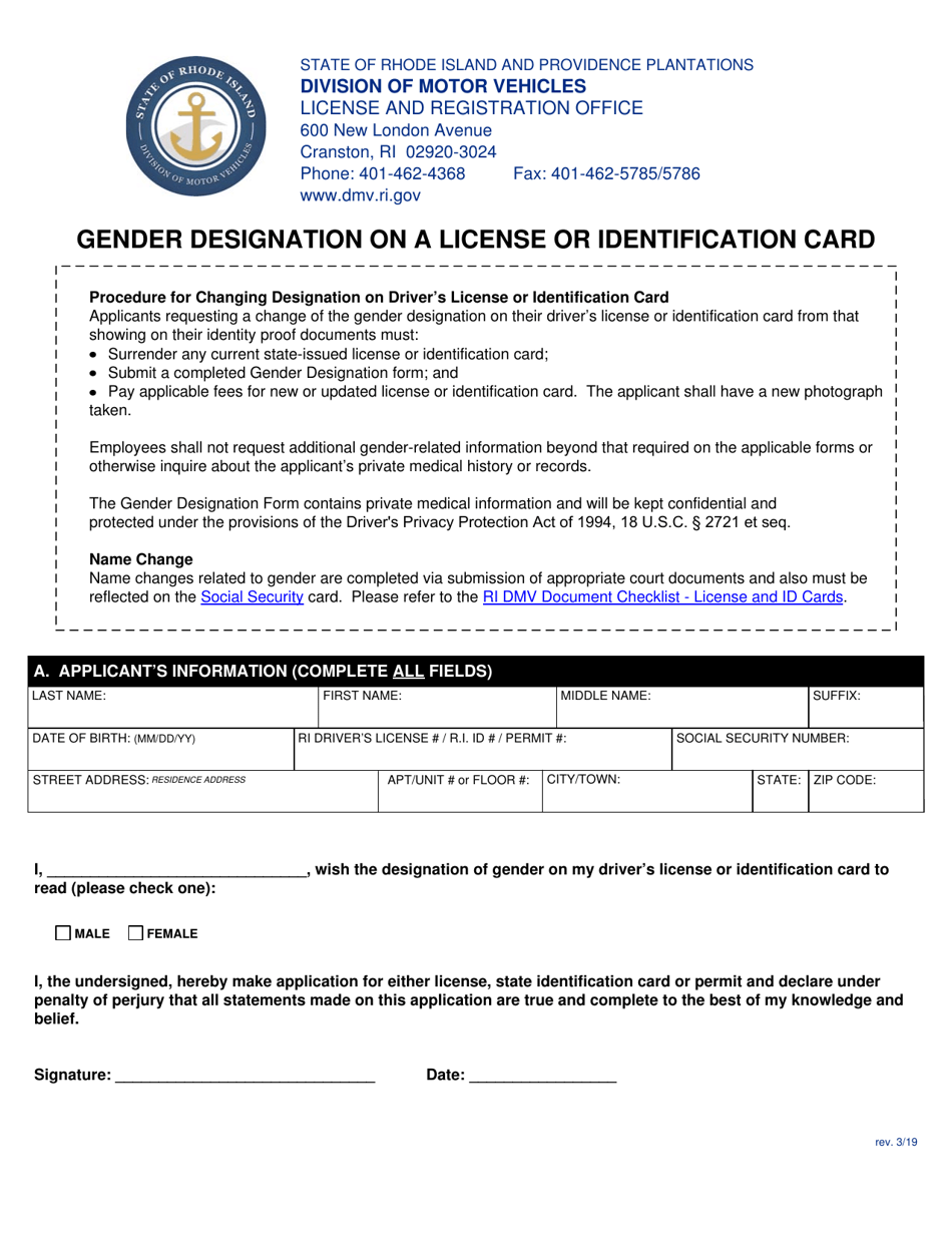 Gender Designation on a License or Identification Card - Rhode Island, Page 1