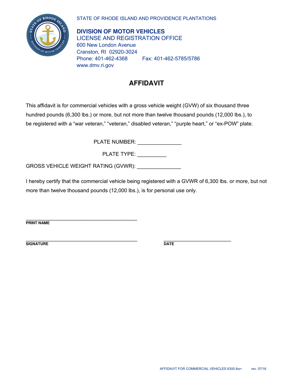 Affidavit for Commercial Vehicle With Veteran Plates - Rhode Island, Page 1