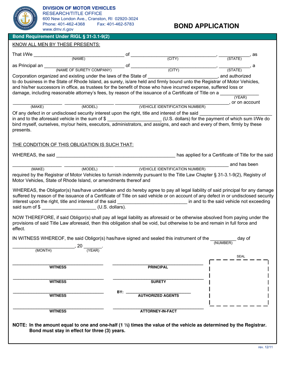 Rhode Island Bond Application Form Fill Out, Sign Online and Download