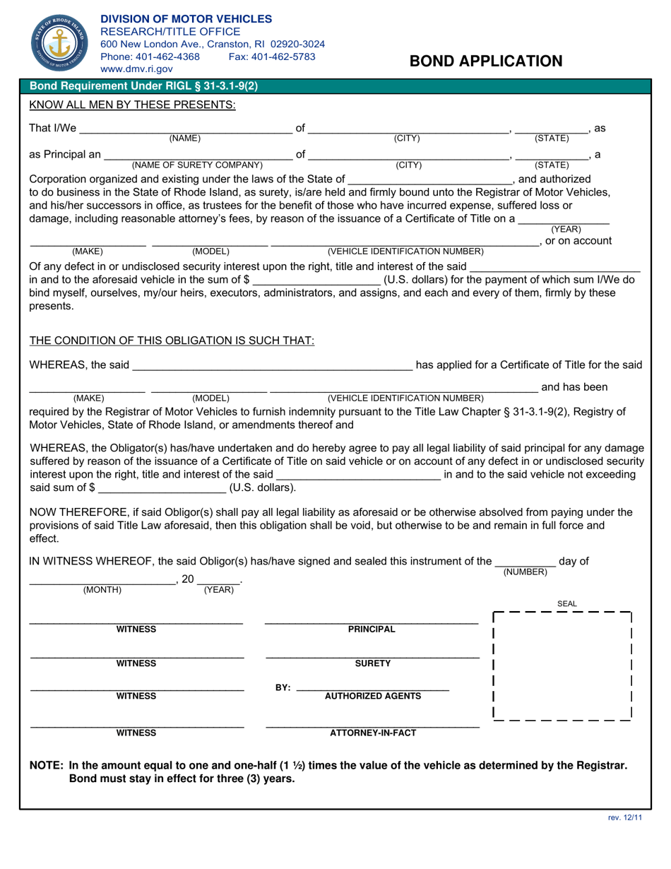 Bond Application Form - Rhode Island, Page 1