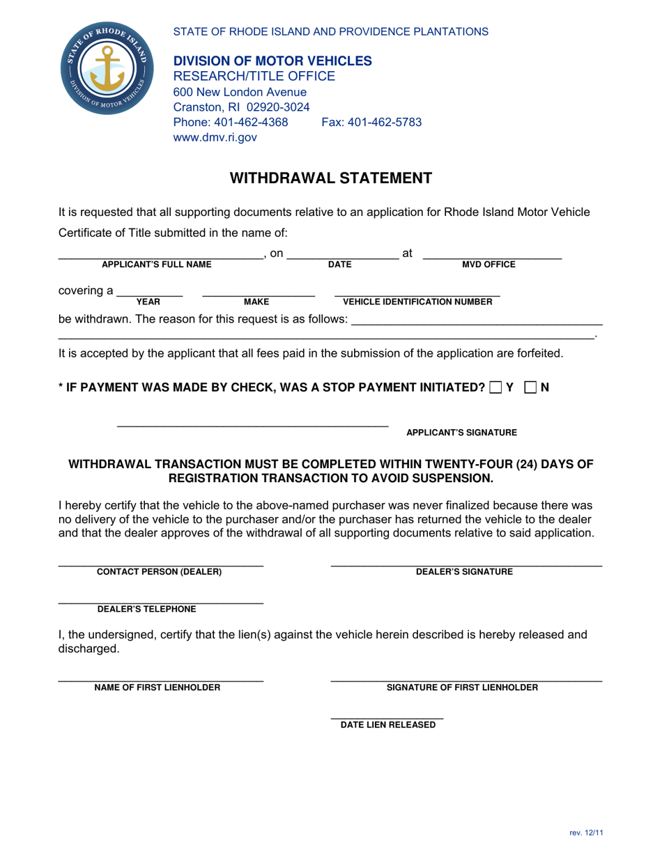 Withdrawal Statement - Rhode Island, Page 1