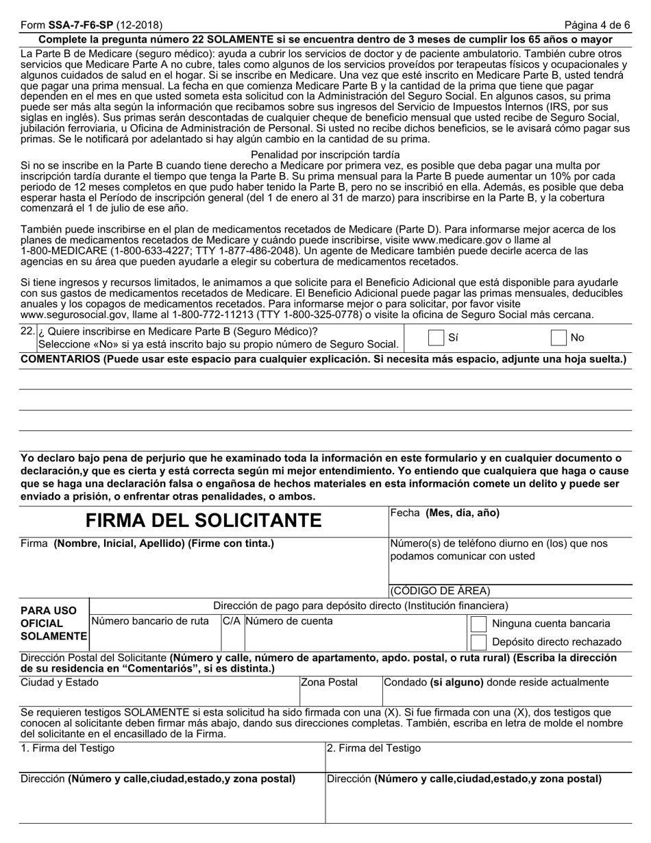 Form SSA-7-F6-SP Solicitud Para Beneficios De Seguro De Padres (English / Spanish), Page 4