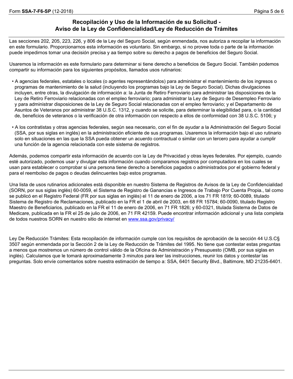 Form SSA-7-F6-SP Solicitud Para Beneficios De Seguro De Padres (English / Spanish), Page 5
