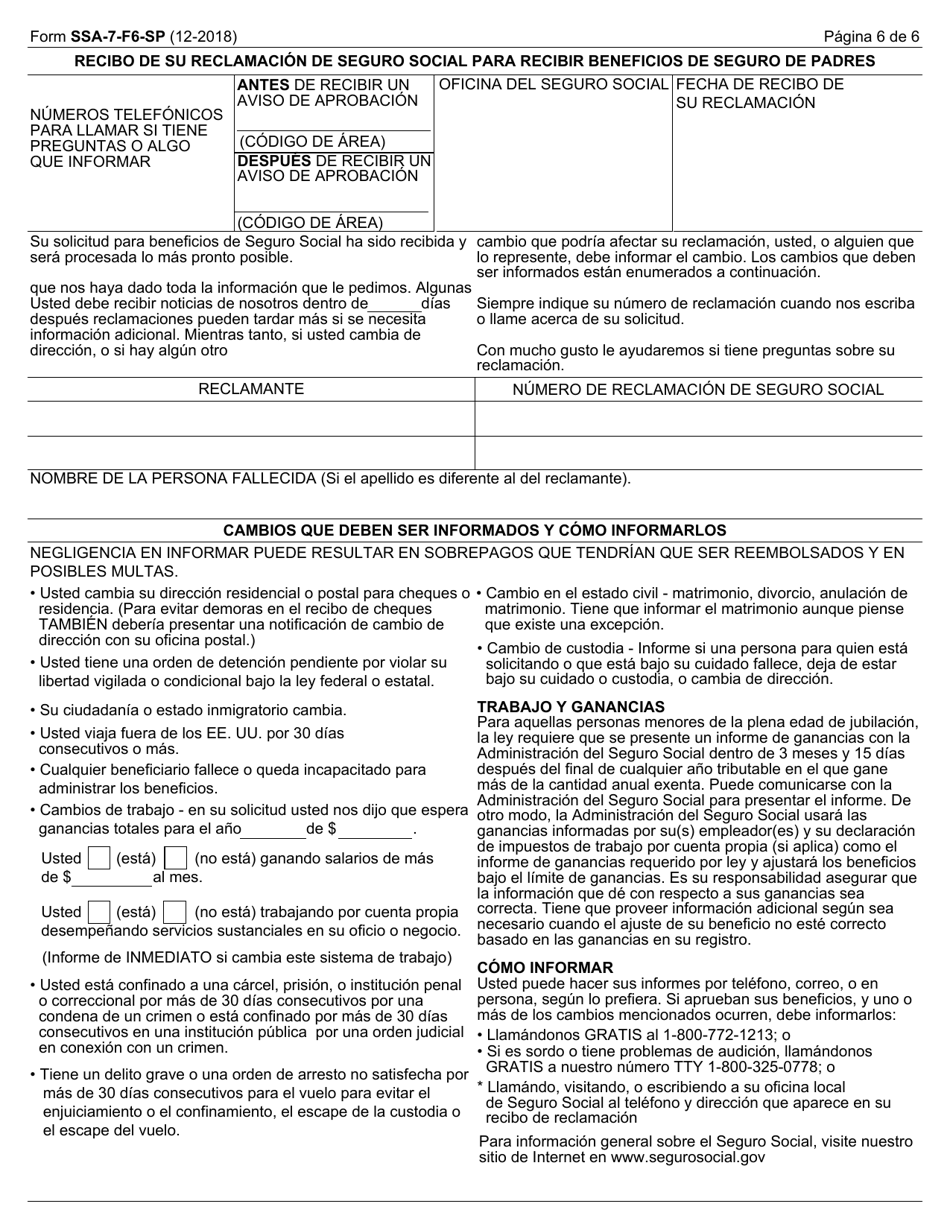 Form SSA-7-F6-SP Solicitud Para Beneficios De Seguro De Padres (English / Spanish), Page 6