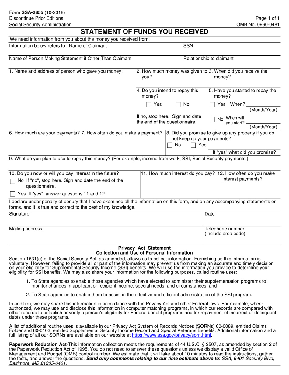 Form SSA-2855 Statement of Funds You Received, Page 1