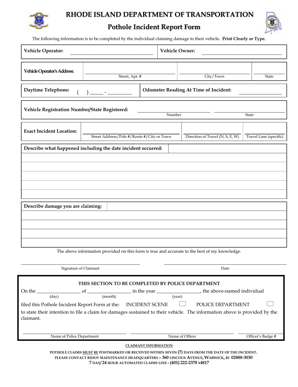 Pothole Incident Report Form - Rhode Island, Page 1